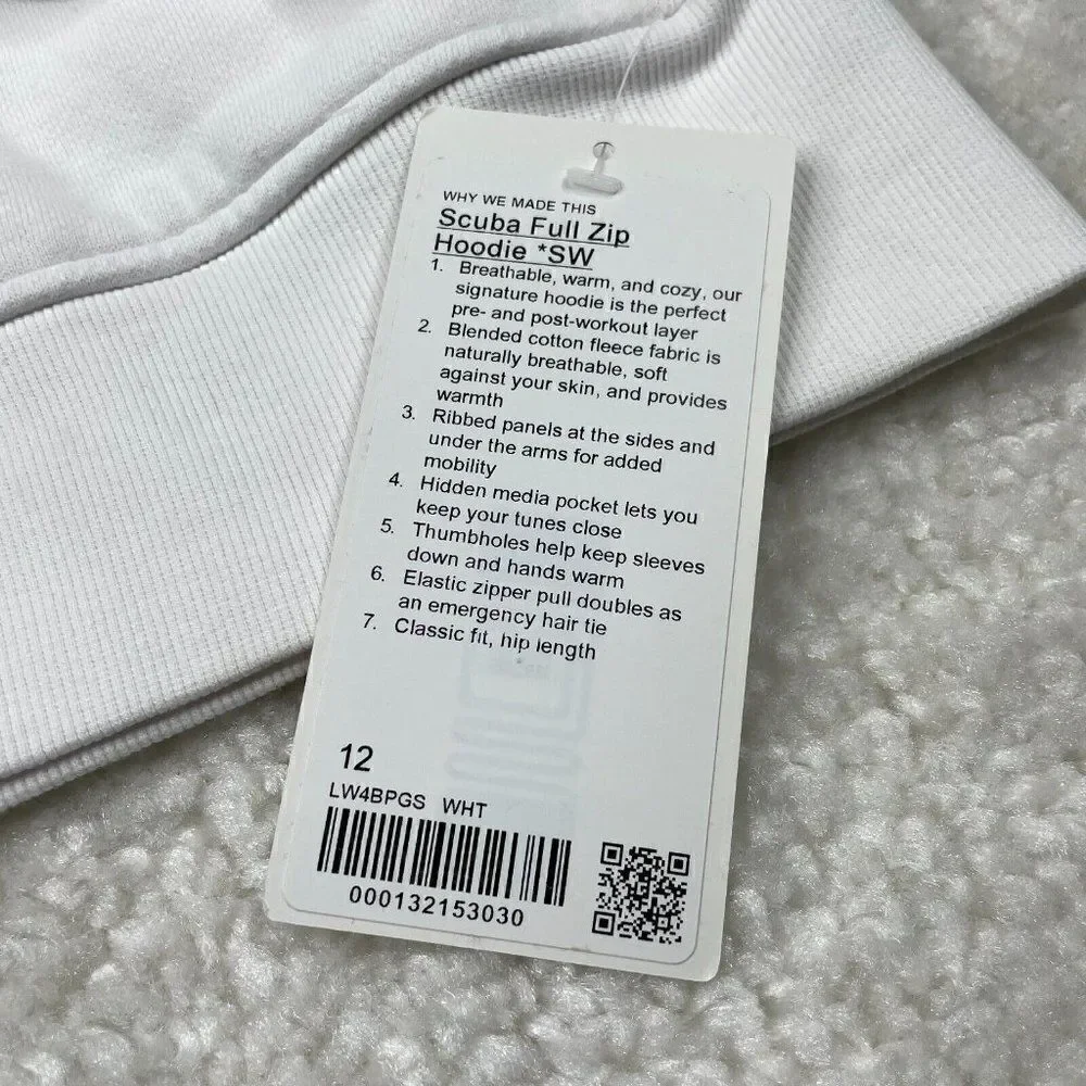 Lululemon Scuba Full Zip Hoodie White Seawheeze NEW